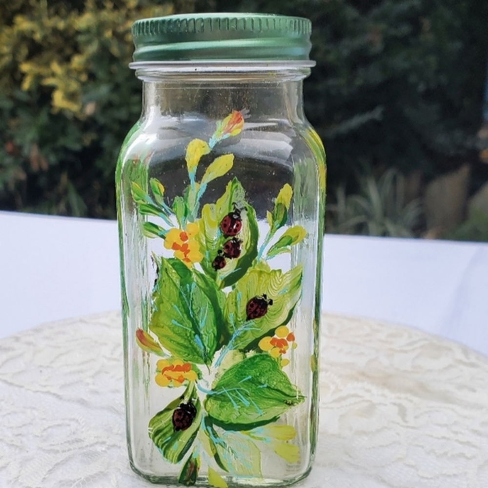 Hand painted Spice or Storage Bottle with Plants and Ladybugs